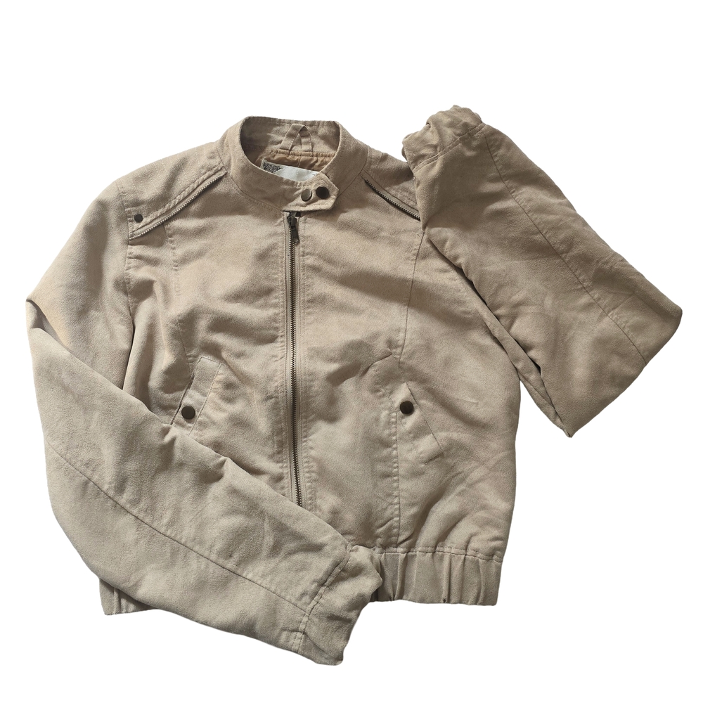 Poetry Clothing Tan Faux Suede-Like Cropped Moto Jacket L Bellacore Boho Chic